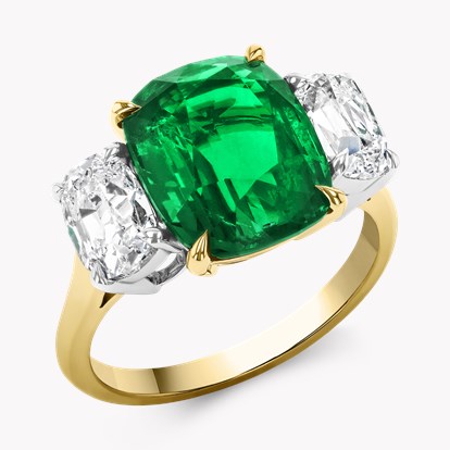 Zambian 4.54ct Emerald and Diamond Three Stone Ring in 18ct Yellow Gold