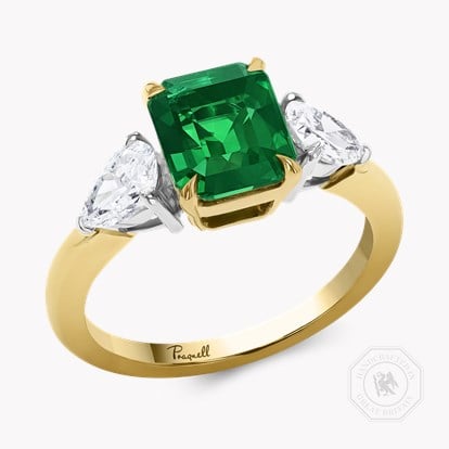 Octagon Cut 2.17ct Brazilian Emerald and Diamond Three Stone Ring in 18ct Yellow and White Gold