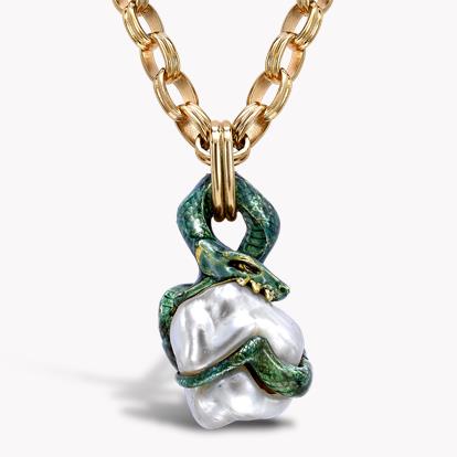 Belle Époque Pearl Snake Pendant in Yellow Gold