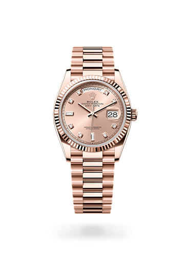 Day-Date 36 * Oyster, 36 mm, Everose gold with a Rosé-colour set with diamonds Fluted bezel and President, semi-circular three-piece links bracelet