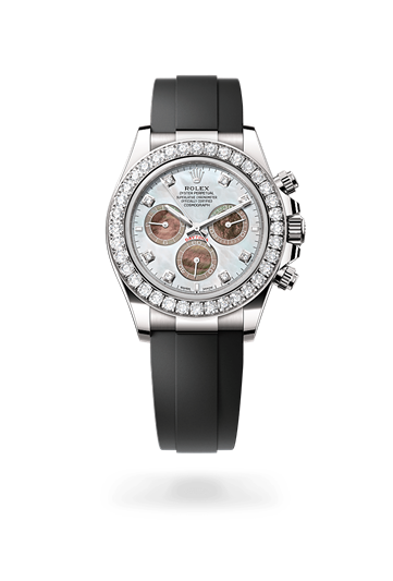 Cosmograph Daytona * Oyster, 40 mm, white gold and diamonds with a White and black mother-of-pearl set with diamonds Set with diamonds bezel and Oysterflex bracelet