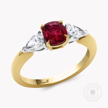 1.03ct Ruby and Diamond Three Stone Ring in 18ct Yellow Gold and Platinum