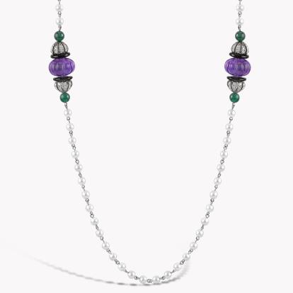 Carved Bead Amethyst Necklace 78.32ct in 18ct White Gold