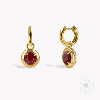 Skimming Stone 2.42ct Ruby and Diamond Drop Hoop Earrings in 18ct Yellow Gold