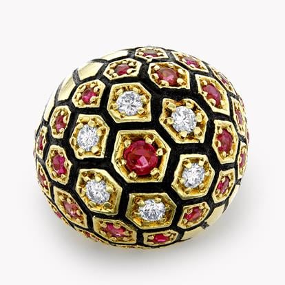 Retro Diamond & Ruby Bombé Honeycomb Dress Ring