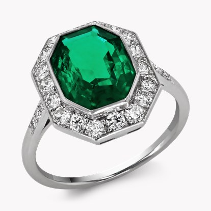 Art Deco 3.80ct Colombian Emerald and Diamond Cluster Ring in Platinum