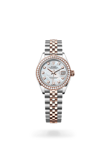 Lady-Datejust * Oyster, 28 mm, Oystersteel, Everose gold and diamonds with a White mother-of-pearl set with diamonds Diamond-set bezel and Jubilee, five-piece links bracelet