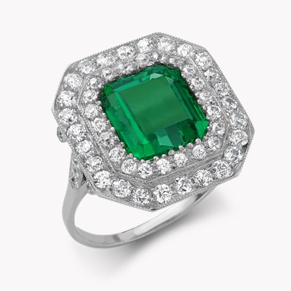 Edwardian Spaulding & Co. 7.00ct Colombian Emerald and Diamond Cluster Ring in Platinum