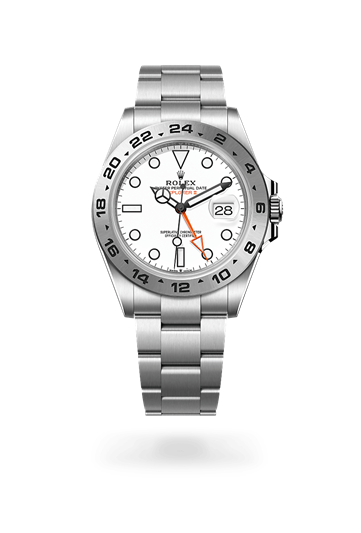 Explorer II * Oyster, 42 mm, Oystersteel with a White Fixed, 24-hour graduated bezel and Oyster, three-piece solid links bracelet