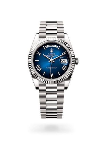 Day-Date 40 * Oyster, 40 mm, white gold with a Olive green Fluted bezel and President, semi-circular three-piece links bracelet