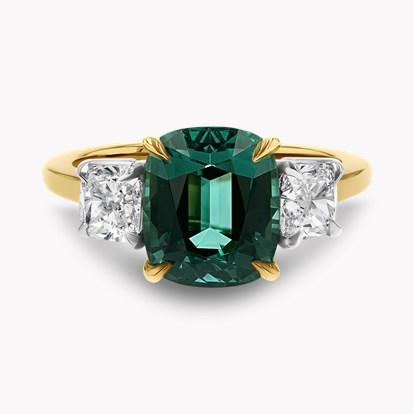 Cushion Cut 3.52ct Namibian Lagoon Tourmaline and Diamond Three Stone Ring
