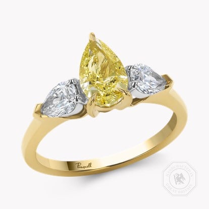 Pear Shaped 1.36ct Fancy Intense Yellow Three Stone Diamond Ring in 18ct Yellow Gold and Platinum