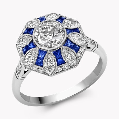 Art Deco Inspired Diamond and Sapphire Cluster Ring 0.75ct in Platinum