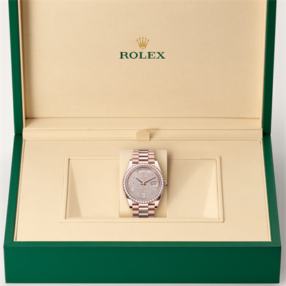 Day-Date 40, Oyster, 40 mm, Everose gold and diamonds watch inside presentation box