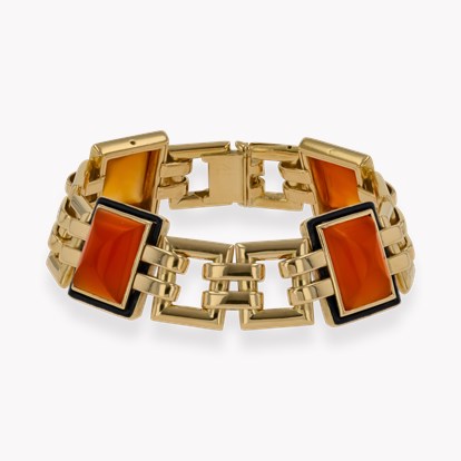 Art Deco Georges L'Enfant Chalcedony and Enamel Link Bracelet in 18ct Yellow Gold