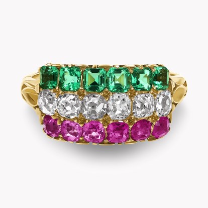 Three Row Ruby, Diamond and Emerald Ring
