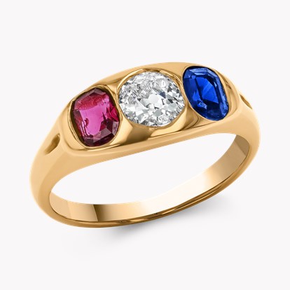Old Cut Diamond, Sapphire and Ruby Three Stone Ring