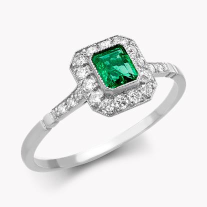 Art Deco Inspired Emerald & Diamond Cluster Ring - Rubover Setting 0.26ct in Platinum