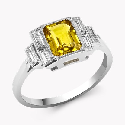 Emerald Cut 1.70ct Yellow Sapphire and Diamond Ring in Platinum