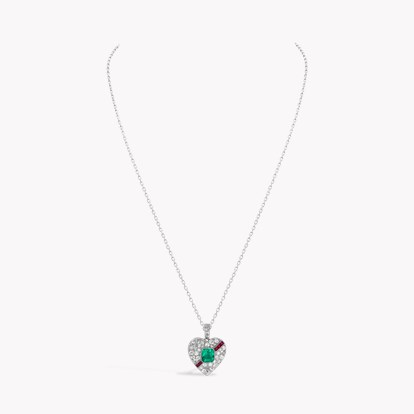 Art Deco Emerald Cut Emerald, Ruby and Diamond Heart Pendant