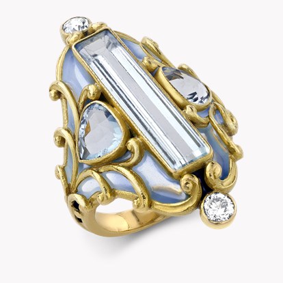 Art Nouveau Marcus & Co Aquamarine, Diamond & Enamel Ring in 18ct Yellow Gold