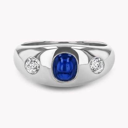 Cabochon Cut Blue Sapphire and Diamond Three Stone Ring