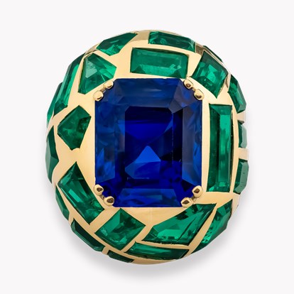 Retro Suzanne Belperron 12.543ct Burma Sapphire and Emerald Bombé Ring