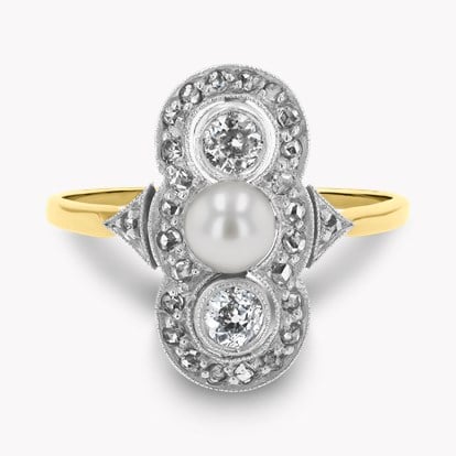 Edwardian Pearl and Old European Cut Diamond Scalloped Plaque Ring
