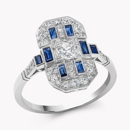 Art Deco Old European Cut Diamond and Sapphire Plaque Ring