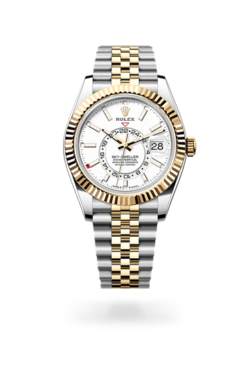 Sky-Dweller * Oyster, 42 mm, Oystersteel and yellow gold with a Champagne-colour Fluted, bidirectional rotatable Rolex Ring Command bezel and Oyster, three-piece solid links bracelet