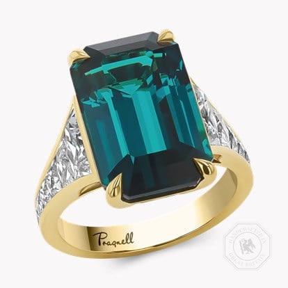 Masterpiece 11.84ct Emerald Cut Lagoon Tourmaline and Diamond Ring in 18ct Yellow Gold