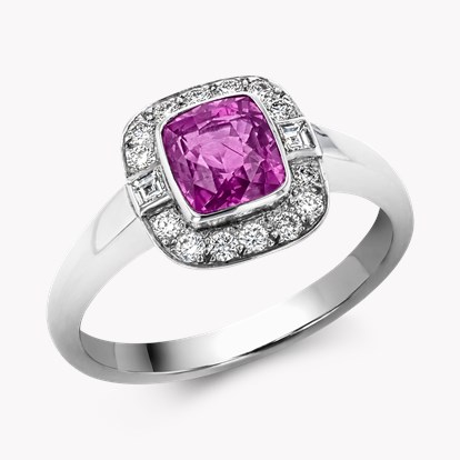 Pink Sapphire and Diamond Cluster Ring - Rubover Setting 1.73ct in Platinum