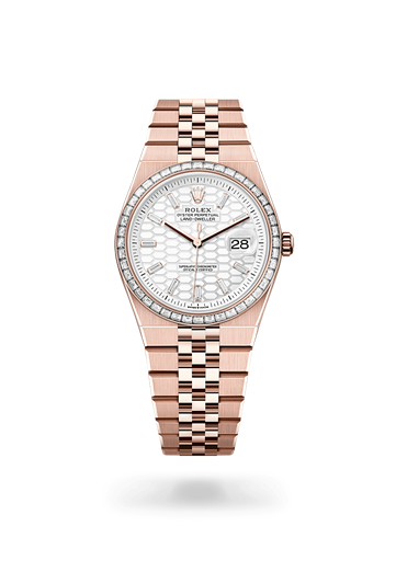 Land-Dweller 36 * Oyster, 36 mm, Everose gold and diamonds with a Intense white, honeycomb motif set with diamonds Set with diamonds bezel and Flat Jubilee, five-piece solid links bracelet