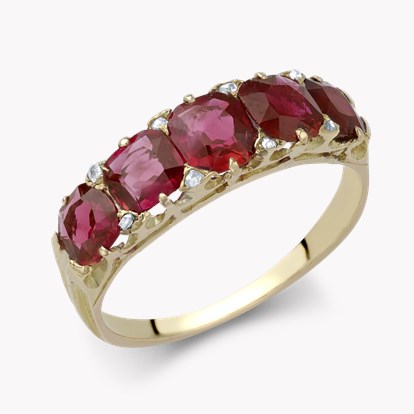 Victorian Five Stone Burmese Ruby Ring - Oval Cut in 18ct Yellow Gold