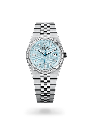Land-Dweller 36 * Oyster, 36 mm, platinum and diamonds with a Ice blue, honeycomb motif set with diamonds Set with diamonds bezel and Flat Jubilee, five-piece solid links bracelet
