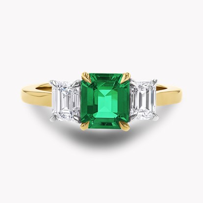 Octagon Cut 0.97ct Colombian Emerald and Diamond Three Stone Ring