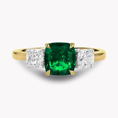 Cushion Cut 1.74ct Zambian Emerald and Diamond Three Stone Ring