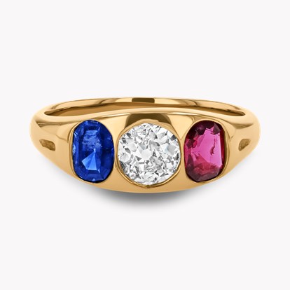 Old Cut Diamond, Sapphire and Ruby Three Stone Ring