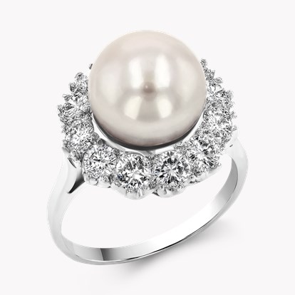 Retro 10mm Pearl and Diamond Cluster Ring in 18ct White Gold