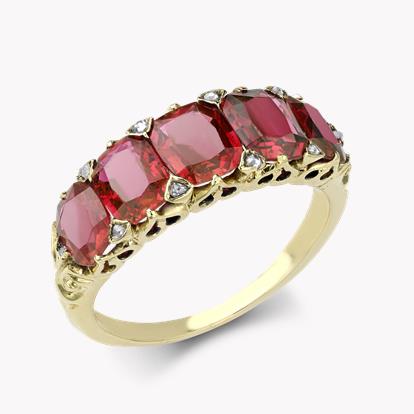 Victorian Five Stone Burmese Ruby Ring - Cushion Antique Cut 3.20ct in 18ct Yellow Gold