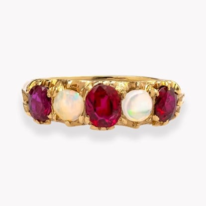 Cushion Cut Ruby and Opal Five Stone Ring