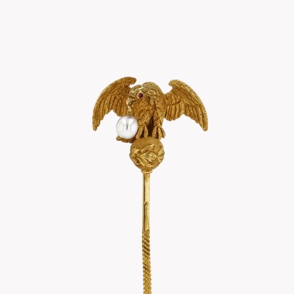 Edwardian Pearl and Ruby Golden Eagle Stick Pin
