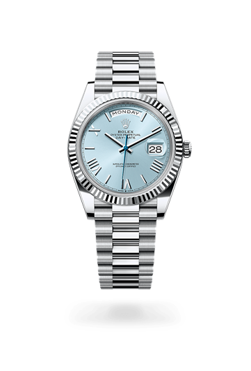 Day-Date 40 * Oyster, 40 mm, platinum with a Ice blue Fluted bezel and President, semi-circular three-piece links bracelet