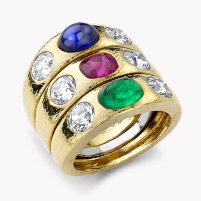 Emerald, Ruby, Sapphire & Diamond dress Ring by David Webb in 18ct Yellow Gold