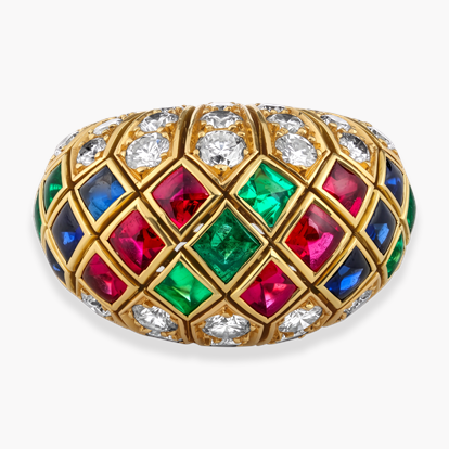 Retro Cartier Ruby, Sapphire, Emerald and Diamond Bombé Ring