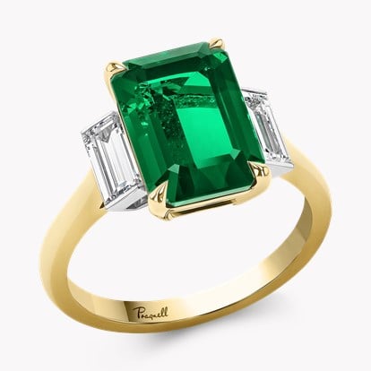 Octagonal 3.81ct Emerald and Diamond Three Stone Ring in 18ct Yellow Gold