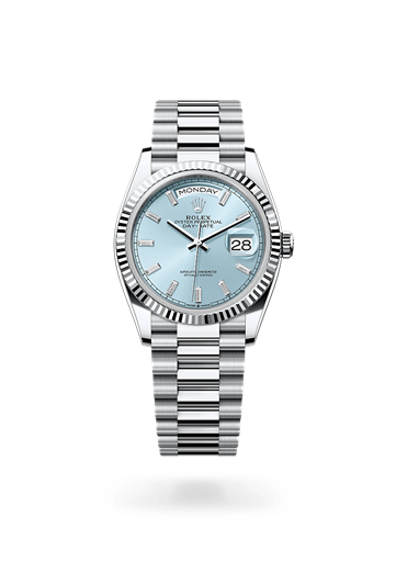 Day-Date 36 * Oyster, 36 mm, platinum with a Ice blue set with diamonds Fluted bezel and President, semi-circular three-piece links bracelet