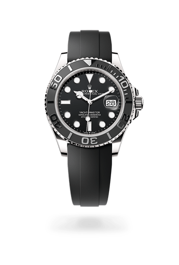 Yacht-Master 42 * Oyster, 42 mm, white gold with a Black Bidirectional rotatable 60-minute graduated bezel with matt black Cerachrom insert in ceramic, polished raised numerals and graduations bezel and Oysterflex bracelet
