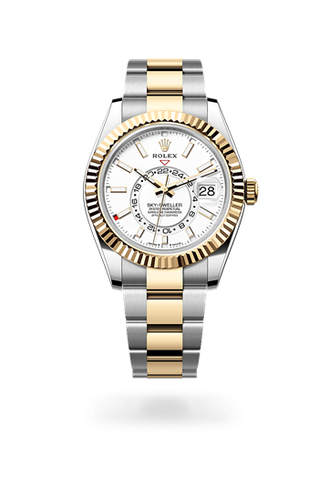 Sky-Dweller * Oyster, 42 mm, Oystersteel and yellow gold with a Champagne-colour Fluted, bidirectional rotatable Rolex Ring Command bezel and Oyster, three-piece solid links bracelet