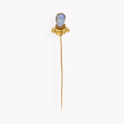 Sir John Falstaff Moonstone Etched Face Pin 1.41ct in 15ct Yellow Gold